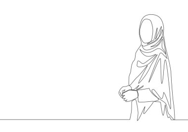 Türbanlı genç ve mutlu bir kızın durduğu ve güzel poz verdiği tek sıra çizimi. Sevimli Malaylı kadınlar moda tesettür moda bir çizgi tasarım vektör illüstrasyonunu çizer