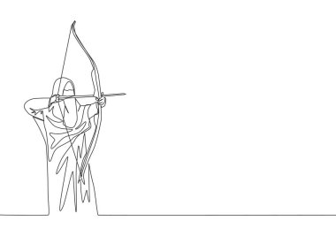 Çarşaf giyen ve okçuluk okuyla nişan alan genç Suudi Arabistan müslümanlarının tek bir çizgisi. Geleneksel Arap kadın niqab bez konsepti devamlı çizgi çizimi tasarım vektörü illüstrasyonu