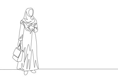 Kafasında atkı olan, cep çantası taşıyan mutlu müslüman bir genç kız çizimi. Çekici Asyalı kadın modeli moda tesettür moda konsepti sürekli çizgi çizimi tasarım vektörü illüstrasyonunda