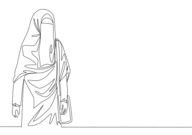Cep çantası taşırken çarşaf giyen genç ve çekici Asyalı müslümanların çizdiği tek bir çizgi. Geleneksel Arap kadın niqab kumaş konsepti devamlı çizgi çizimi tasarım tasarımı illüstrasyonu