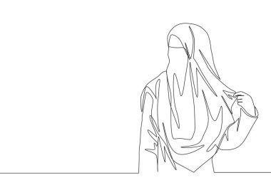 Peçesini tutarken çarşaf giyen genç ve çekici bir Asyalı muslimah çizimi. Geleneksel Arap kadın niqab kumaş konsepti devamlı çizgi çizimi tasarım tasarımı illüstrasyonu