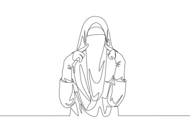 Yanaklarına dokunurken burka giyen genç Asyalı muslimah 'ın aralıksız çizimi. Geleneksel güzel müslüman kadın niqab tesettür konsepti ile bir satır tasarım vektörü illüstrasyonu