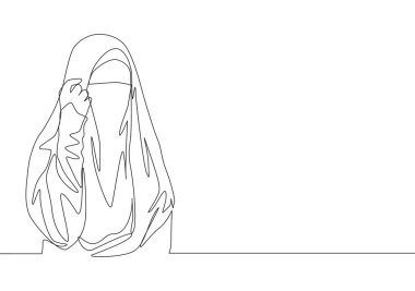 Burka giyip güzel poz veren genç ve mutlu Asya muslimah çizimi. Geleneksel güzel Arap kadın niqab kumaş konsepti devamlı çizgi çizimi tasarım vektörü illüstrasyonu