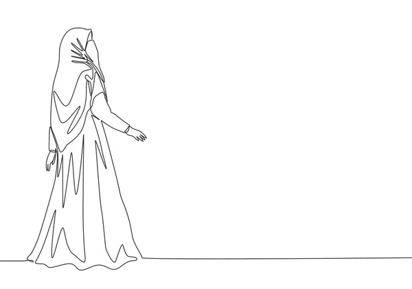 一张漂亮的年轻美女索迪阿拉伯穆斯林的单行画像 穿着布卡 姿势优美 传统美丽的阿拉伯妇女尼卡布概念连续线条绘制设计矢量插图 — 图库矢量图片