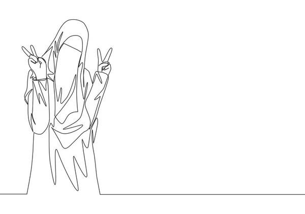 年轻可爱的索迪阿拉伯穆斯林穿着布卡并做出和平姿态的单幅连续线条画 具有Hijab概念的传统穆斯林妇女Niqab单行绘图设计矢量图 — 图库矢量图片