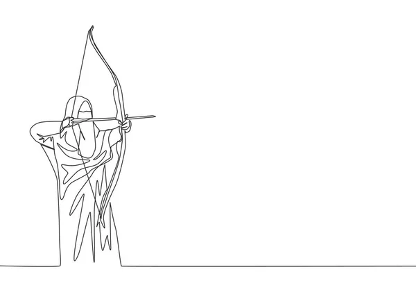 Одна Линия Рисунка Юной Сауди Арабской Мусульманки Парандже Стреле Лука — стоковый вектор