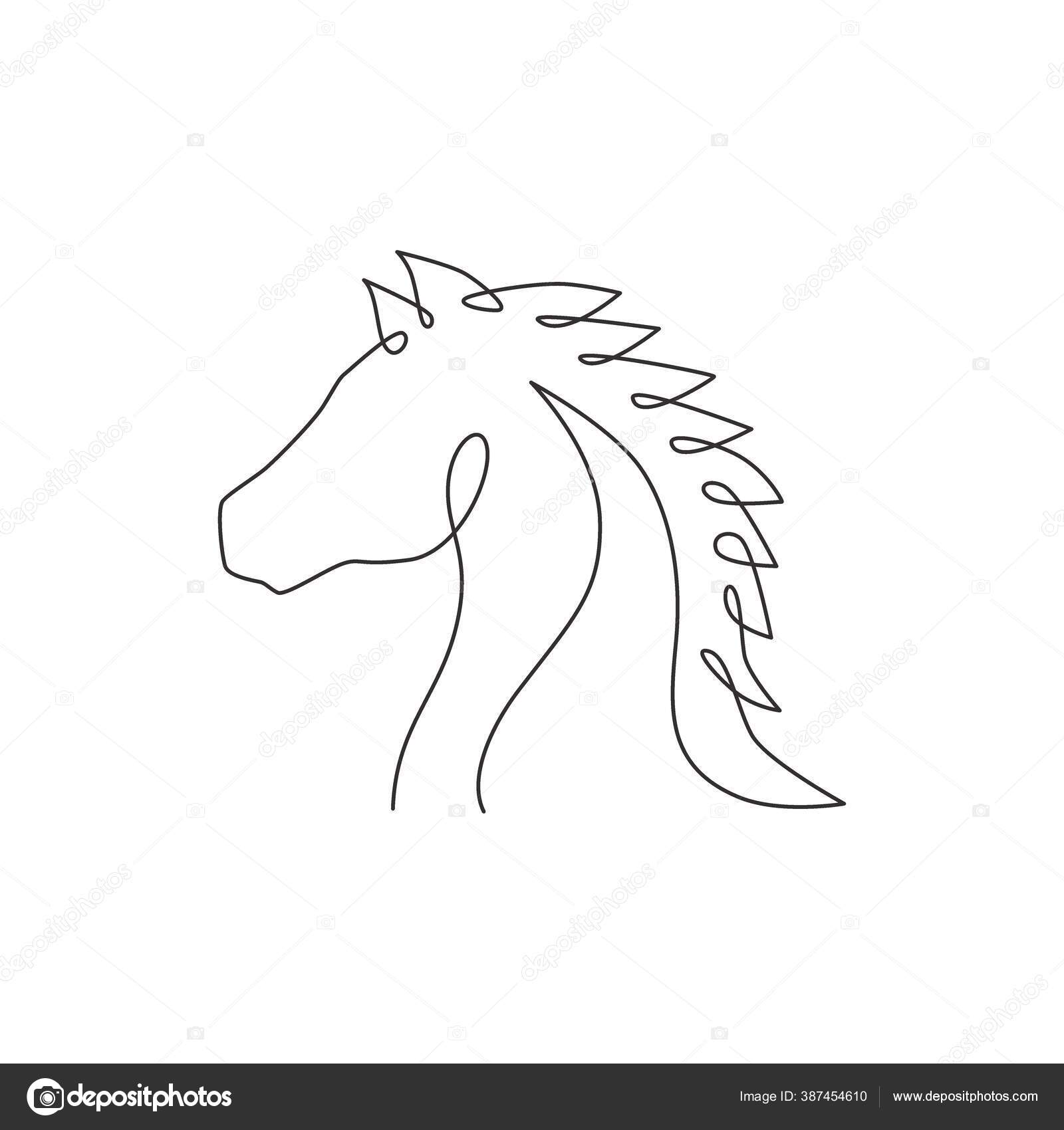 Uma Única Linha De Desenho Orgulhoso Cavalo Branco Anda Graciosamente Com  Seu Casco Dianteiro Para A Frente. Wild Mustang Galope Na Natureza Livre.  Mascote Animal Forte. Vector Gráfico De Design De Desenho