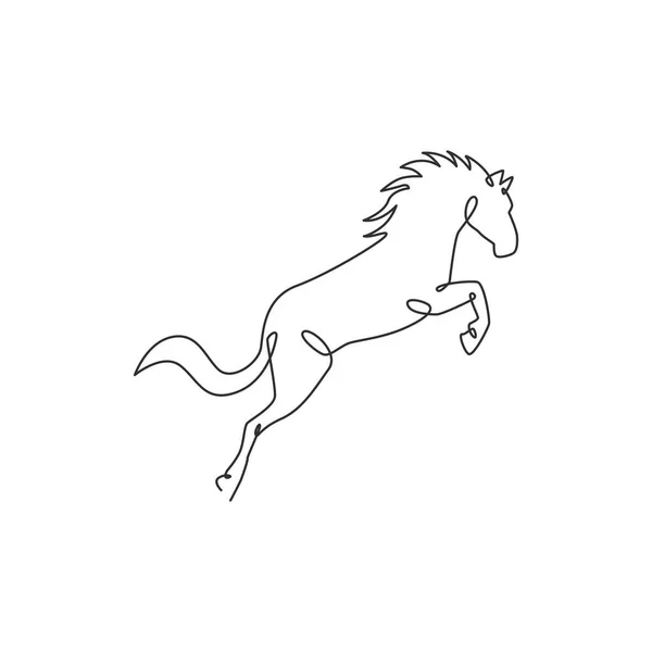 único desenho de uma linha, o cavalo branco orgulhoso anda graciosamente  com o casco dianteiro para a frente. Mustang selvagem galopa na natureza  livre. mascote animal forte. vetor gráfico de design de