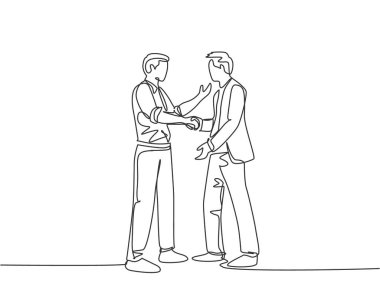İş adamlarının tek sıra halinde iş ortağıyla tokalaşırken çekilmiş bir resim. Harika bir takım çalışması. Devamlı çizgi çizim biçimi grafik çizimi ile iş anlaşması kavramı