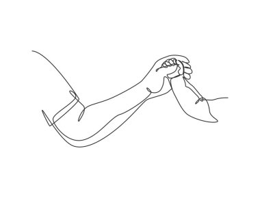 Babanın çocuğuna el uzattığı bir çizim. Ana bakımı sürekli çizim tarzında. Ebeveyn kavramı vektör illüstrasyonu