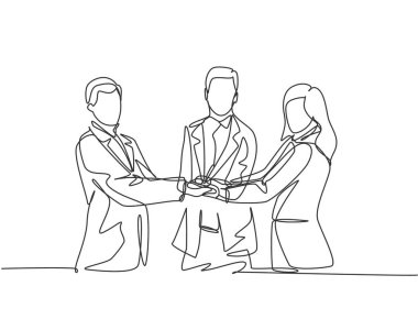 İş adamları ve iş kadınlarının el sıkışırken tek sıra çizimi. Harika bir takım çalışması. Sürekli çizgi çizme biçimi grafik çizimi içeren iş anlaşması kavramı