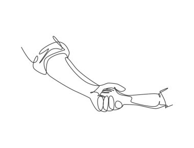 Babanın çocuğuna el uzattığı bir çizim. Ebeveyn anne bakımı sürekli çizim tarzında. Ebeveyn kavramı. Aralıksız çizgi çizimi vektör grafik çizimi