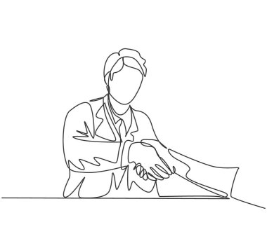 Laboratuvarda test yaptıktan sonra genç doktorun sürekli olarak hastayla tokalaşması. Sağlık hizmeti tıbbi kontrol konsepti. Bir çizgi çizimi vektör illüstrasyonu