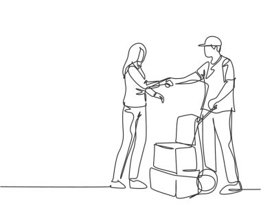 Kurye teslimatçısının müşteriyle tokalaşırken durmaksızın çizdiği çizgiler ve bir paket kutusu. Teslimat servisi mükemmel bir konsept. Bir çizgi çizimi vektör illüstrasyonu