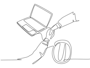 Genç iş adamı ve mimarın sürekli çizimleri büyük inşaat projelerini oluşturuyor. İş anlaşması konsepti. Tek çizgi çizimi, grafik vektör çizimi