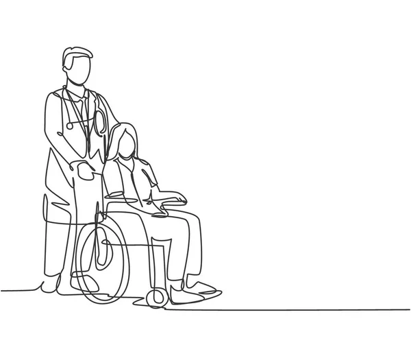 入院中の高齢者を車椅子で訪問し握手する若い医師の一本の線画 医療の概念 連続線画ベクトル図 — ストックベクタ