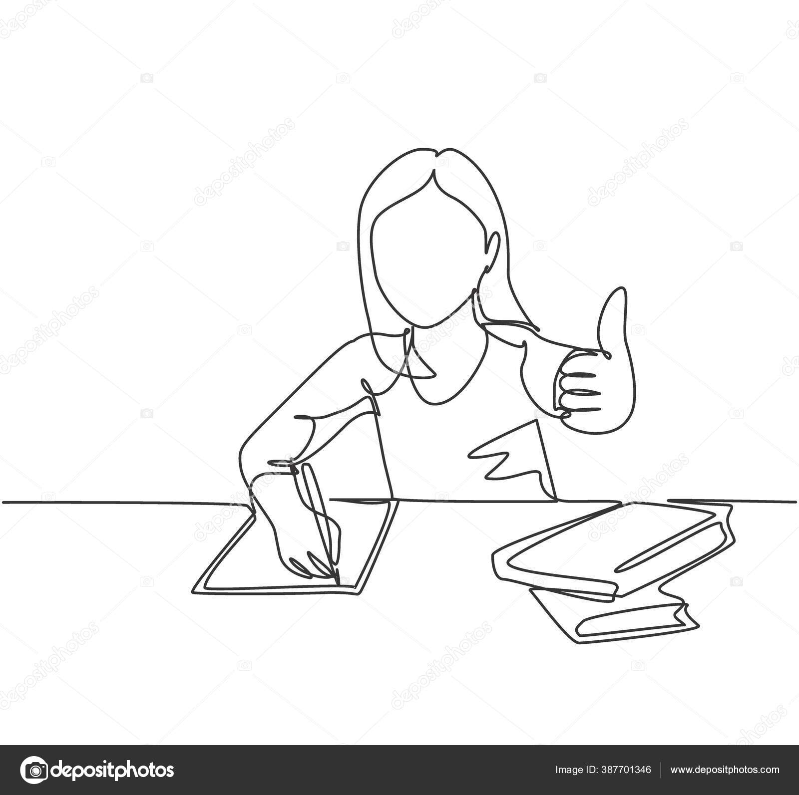 Single one line drawing young happy female elementary school teacher  surrounded by her boys and girls student at class. Study education concept.  Continuous line draw design graphic vector illustration 29177606 Vector Art