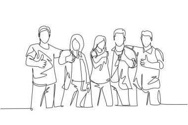 Kampüs kütüphanesinde birlikte çalıştıktan sonra mutlu genç üniversite öğrencilerinin yaptığı bir çizim. Üniversite hayatı konseptini öğren ve çalış. Devamlı çizgi çizimi tasarımı