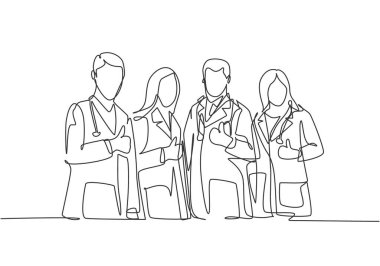 Hizmet mükemmelliği sembolü olarak genç, mutlu erkek ve kadın doktorlardan oluşan bir çizim. Tıbbi ekip çalışması konsepti. Devamlı çizgi çizimi tasarım vektörü illüstrasyonu