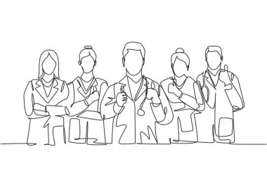 Hizmet mükemmelliği sembolü olarak genç, mutlu erkek ve kadın doktorlardan oluşan bir çizim. Tıbbi ekip çalışması konsepti. Devamlı çizgi çizimi tasarım vektörü illüstrasyonu