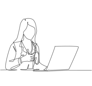 Genç mutlu doktor kadının çizdiği bir çizim, tıbbi kayıtları yazmak için bir dizüstü bilgisayar açıyor ve olumlu bir jest yapıyor. Sağlık hizmeti konsepti. Devamlı çizgi çizimi tasarım vektörü illüstrasyonu