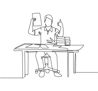 Genç mutlu iş adamının tek satır çizimi iş sözleşmesi içeren bir pano gösteriyor ve başparmak işareti yapıyor. İş anlaşması konsepti. Devamlı çizgi çizimi tasarım vektörü illüstrasyonu