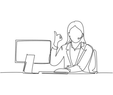 Genç bayan çağrı merkezi çalışanının bilgisayarın önünde oturduğu ve müşterinin telefonuna cevap verdiği tek sıra çizimi. Müşteri hizmetleri iş konsepti aralıksız çizgi çizimi tasarım vektörü illüstrasyonu