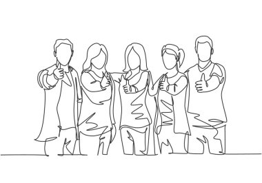 Genç ve mutlu iş adamları ve iş kadınlarından oluşan tek sıra ayakta durup baş parmak işareti yapıyor. İş toplantısı konsepti. Devamlı çizgi çizimi tasarım vektörü illüstrasyonu