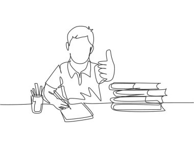 Genç mutlu öğrencilerin kitap yığınının yanında özenle ders çalışıp baş parmak hareketi yaptıkları bir çizgi. Eğitim konsepti sürekli çizgi çizimi tasarım vektörü çizimi