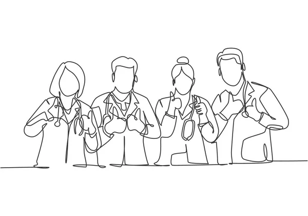 Una Línea Dibujo Grupos Jóvenes Médicos Felices Hombres Mujeres Dando — Archivo Imágenes Vectoriales