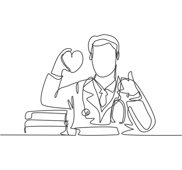 One Line Drawing Young Happy Male Doctor Holding Heart Replica — Stock Vector