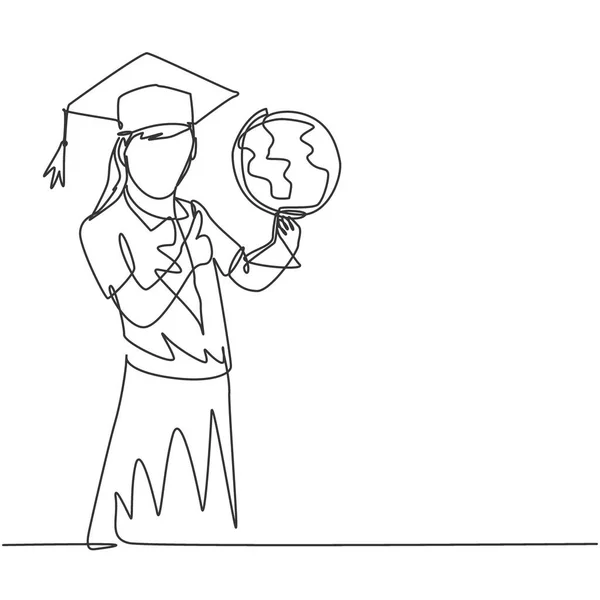 Una Linea Disegno Giovane Studentessa Felice Portando Globo Indossando Cappello — Vettoriale Stock