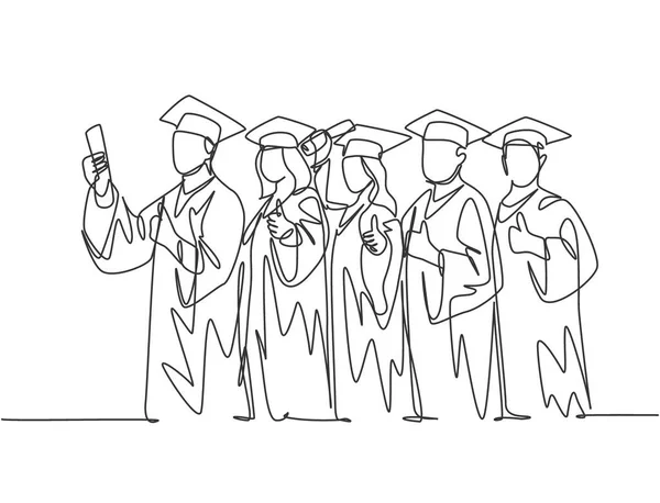 Grupo Dibujo Línea Joven Graduado Feliz Estudiante Universitario Masculino Femenino — Vector de stock