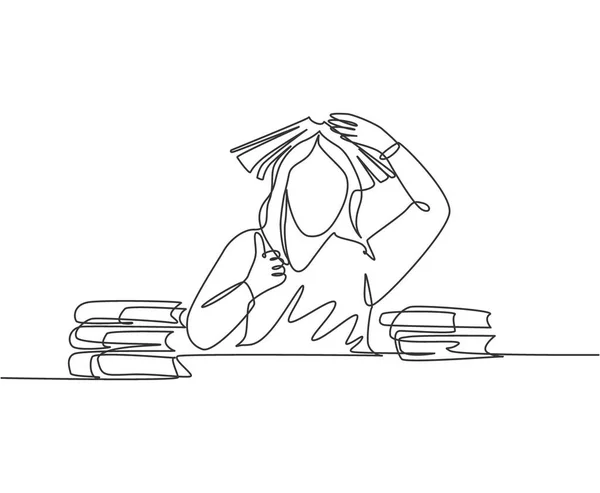 Una Línea Dibujo Joven Estudiante Aburrida Leer Pila Libros Biblioteca — Vector de stock