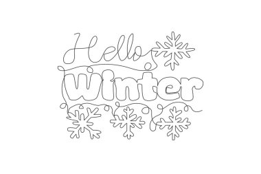 Şirin ve muhteşem tipografi alıntılarının aralıksız çizimleri: Merhaba Winter. Baskı için kaligrafik tasarım, tebrik kartı, afiş, poster. Bir çizgi çizimi grafik tasarım vektör çizimi