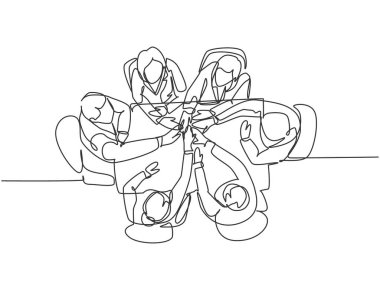 Bir satırda iş adamları ve iş kadınlarından oluşan bir grup, iş toplantısındaki başarılı hedeflerini beşlik bir hareketle kutluyor. İş anlaşması konsepti. Sürekli çizgi çizimi tasarımı illüstrasyonu.