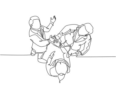 Genç iş adamlarının iş toplantısındaki başarılı hedeflerini kutlayan çizgilerden biri, üst bakış açısından beşlik bir hareketle. İş anlaşması konsepti. Sürekli çizgi çizimi tasarımı illüstrasyonu.