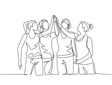 Birlikte spor salonunda aerobik yaptıktan sonra beş jest yapan bir grup mutlu genç kadın çizimi. Fitness konsepti sürekli çizgi çizimi tasarım vektörü çizimi