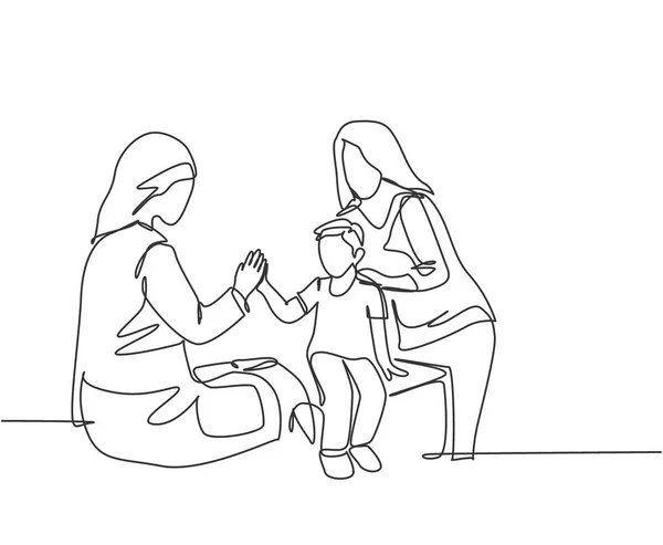 Dessin Une Seule Ligne Jeune Médecin Heureuse Femme Vérifier Garçon — Image vectorielle