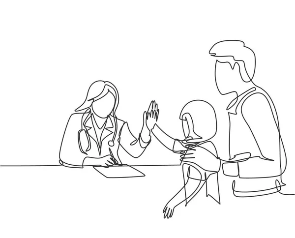 单行画年轻快乐的女医生检查病人的女孩 并给她5个高的手势 医疗保健概念连续线条画出平面设计矢量图解 — 图库矢量图片