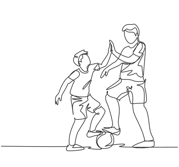 Dibujo Una Sola Línea Padre Hijo Jugando Fútbol Juntos Campo — Vector de stock