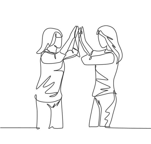 2人の親友の女の子の1本の線画が再会し 通りで会うときに高い5つのジェスチャーを与えます 友情の概念連続線画デザイングラフィックベクトルイラスト — ストックベクタ