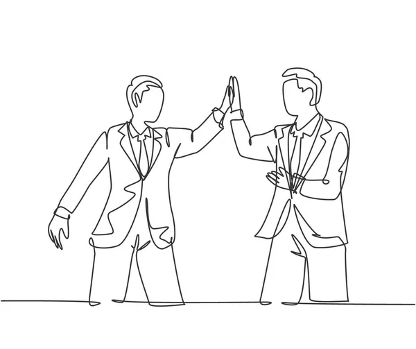 One line drawing of two young happy businessmen celebrating their successive goal at the business meeting with high five gesture. Business deal concept continuous line draw design vector illustration