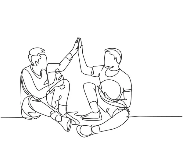 Desenho Linha Dois Jovens Homens Felizes Descansam Depois Jogar Basquete — Vetor de Stock