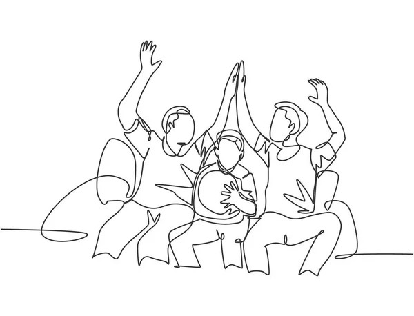ソファに座って 好きなクラブがテレビで試合をしているのを見て 5つのジェスチャーを与えるファンの1行の図面 ファンクラブのコンセプト連続線画ベクトルイラスト — ストックベクタ
