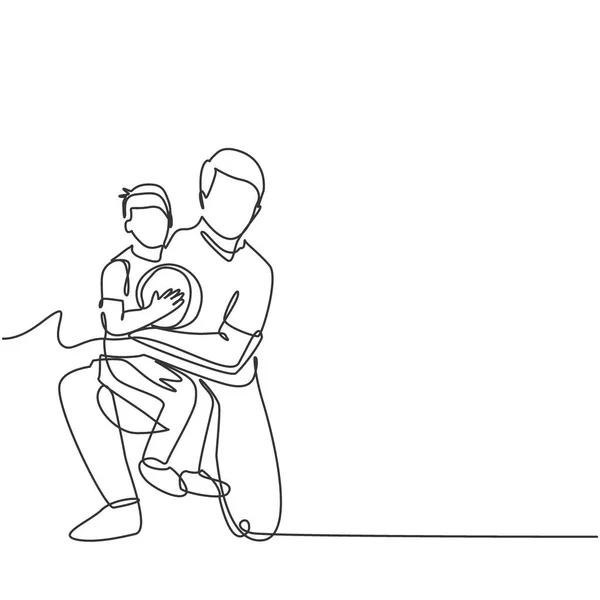 Dibujo Una Sola Línea Joven Padre Feliz Abrazando Hijo Que — Archivo Imágenes Vectoriales