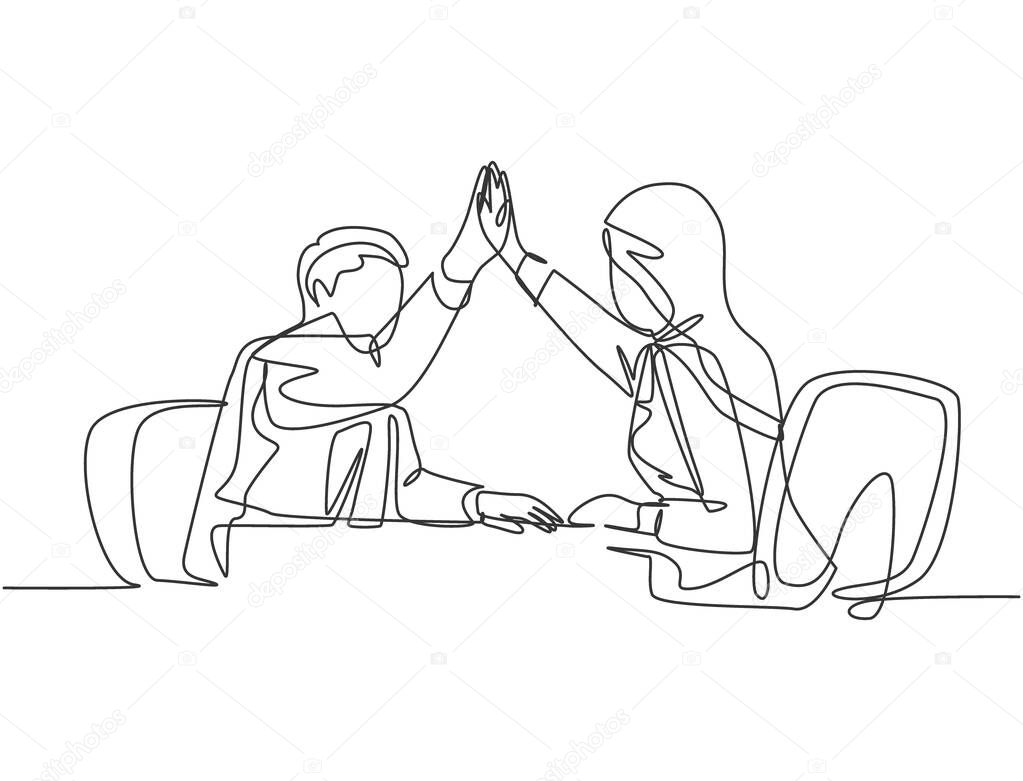 One line drawing of young happy businessman and businesswomen celebrating their successive goal at the business meeting. Business deal concept continuous line draw design vector illustration