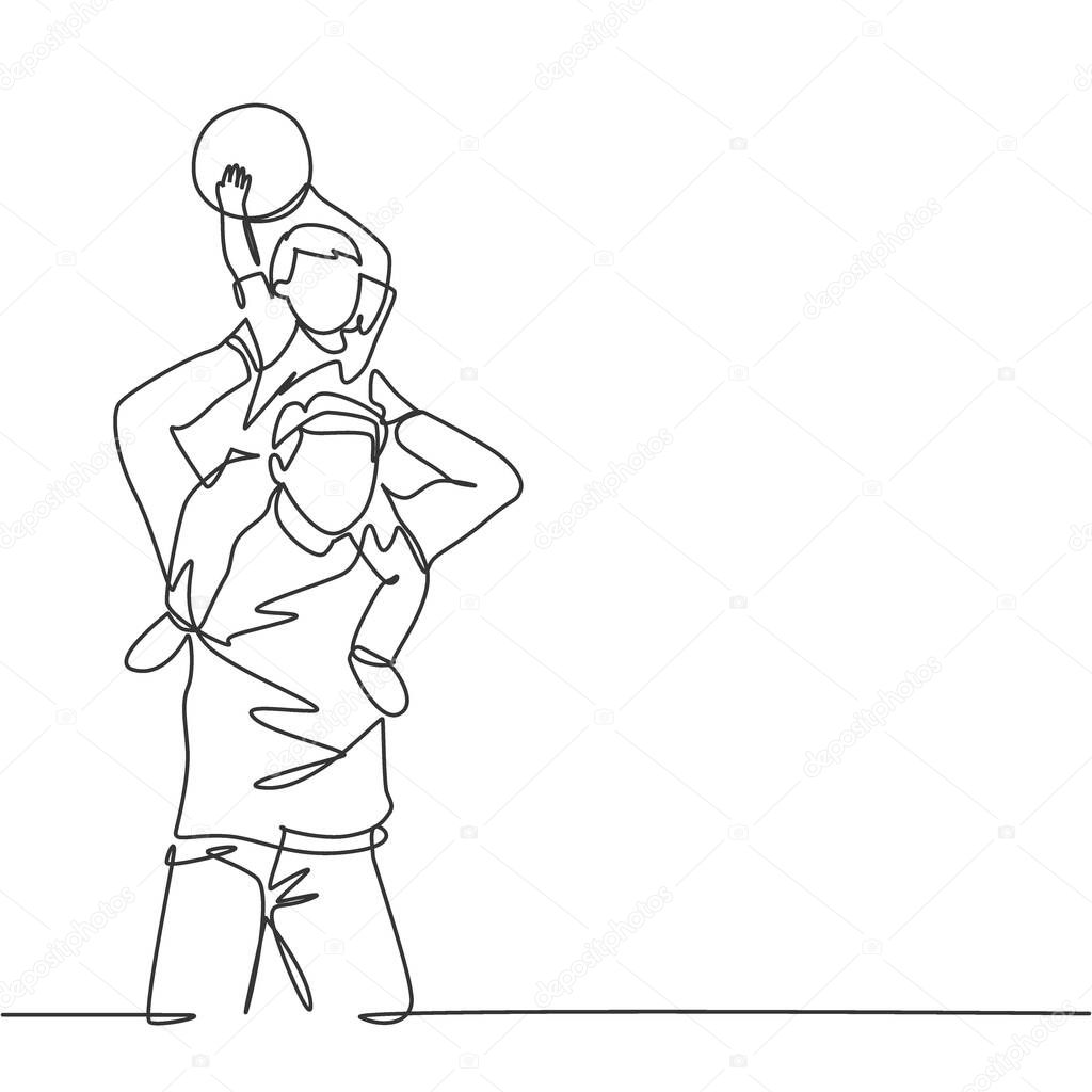 One line drawing of young happy father lift up his son on the shoulder and playing ball together at outdoor park. Parenting family concept. Continuous line graphic draw design vector illustration