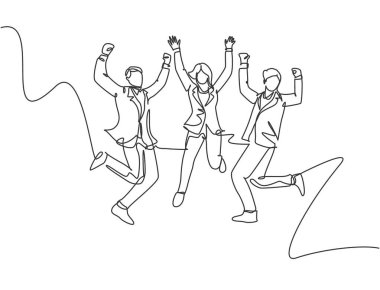 Başarılı işlerini kutlamak için atlayan genç iş adamı ve iş kadınlarının çizdiği bir çizgi. İş anlaşması kutlama konsepti. Devamlı çizgi çizimi tasarım vektörü illüstrasyonu