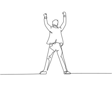 Genç ve mutlu bir iş adamının başarısını kutlamak için ellerini havaya kaldırdığı tek bir çizgi. İş anlaşması konsepti sürekli çizgi çizimi tasarım vektörü illüstrasyonu